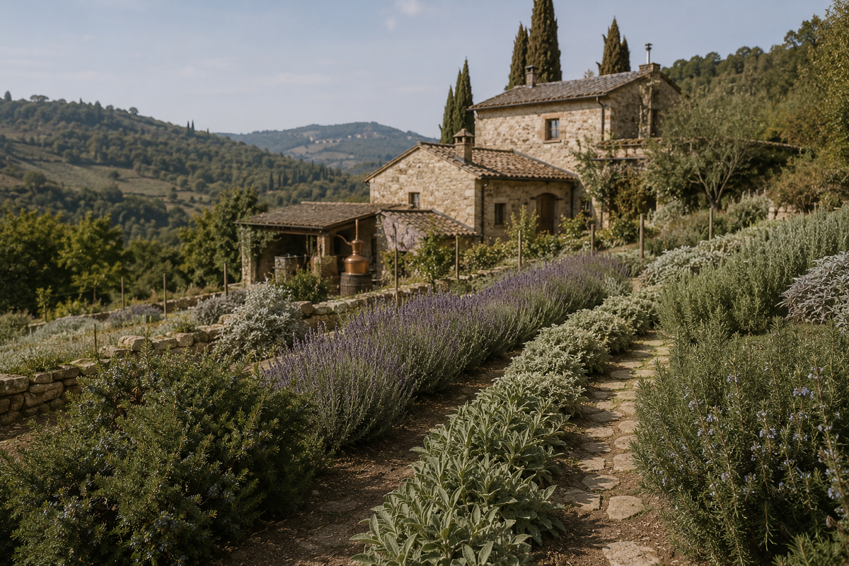 Filari di lavanda e arbusti aromatici salgono lungo un muretto a secco verso un casale in pietra con cipressi, sullo sfondo colline boscose.