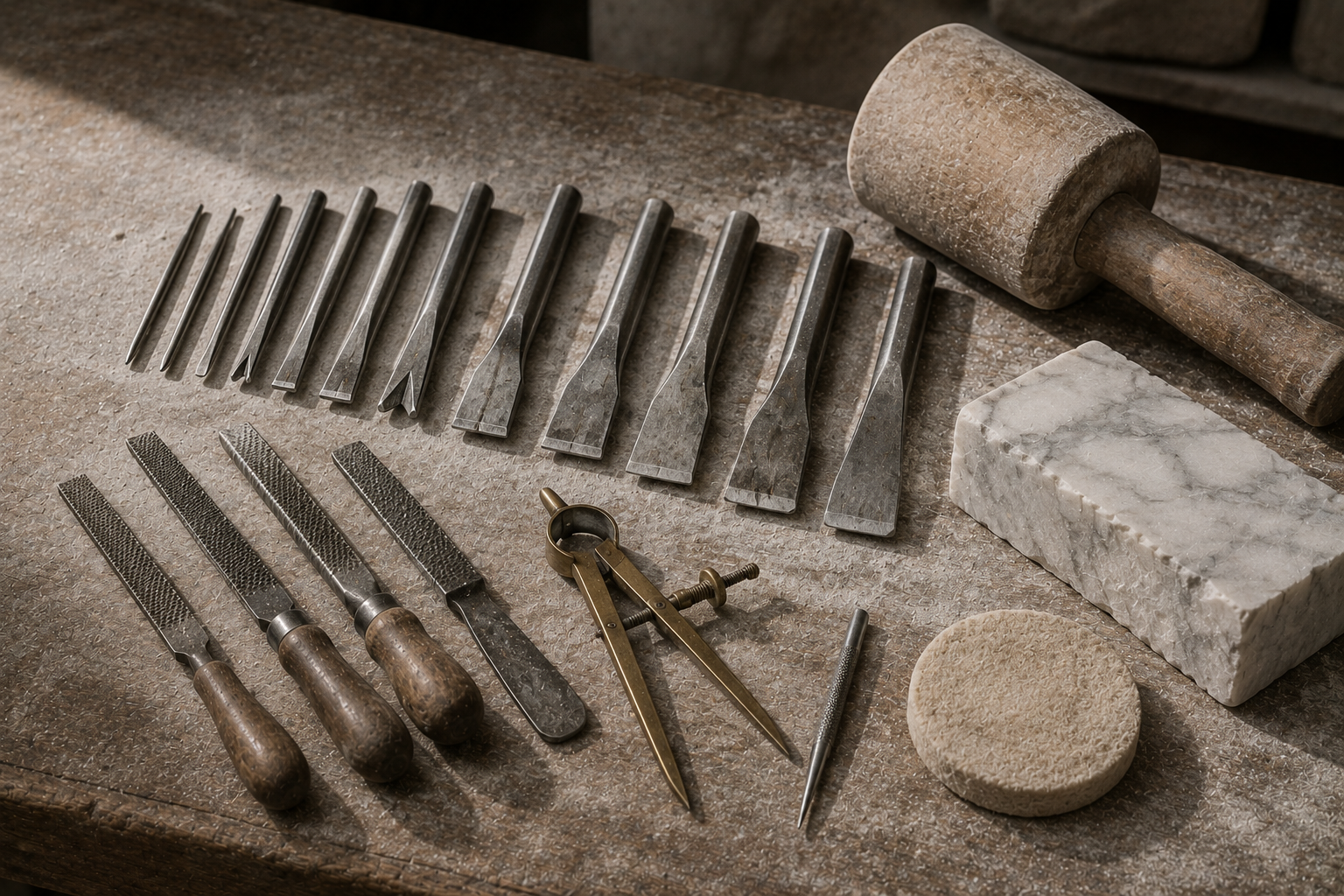 Scalpelli, gradine, raspe e un compasso in ottone allineati accanto al mazzuolo di legno e a una lastra di marmo venato.