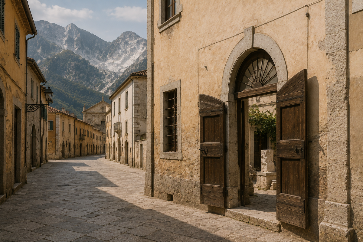 Vicolo lastricato di un paese di cava: il portone di una bottega spalancato sui blocchi di marmo, montagne bianche sul fondo.