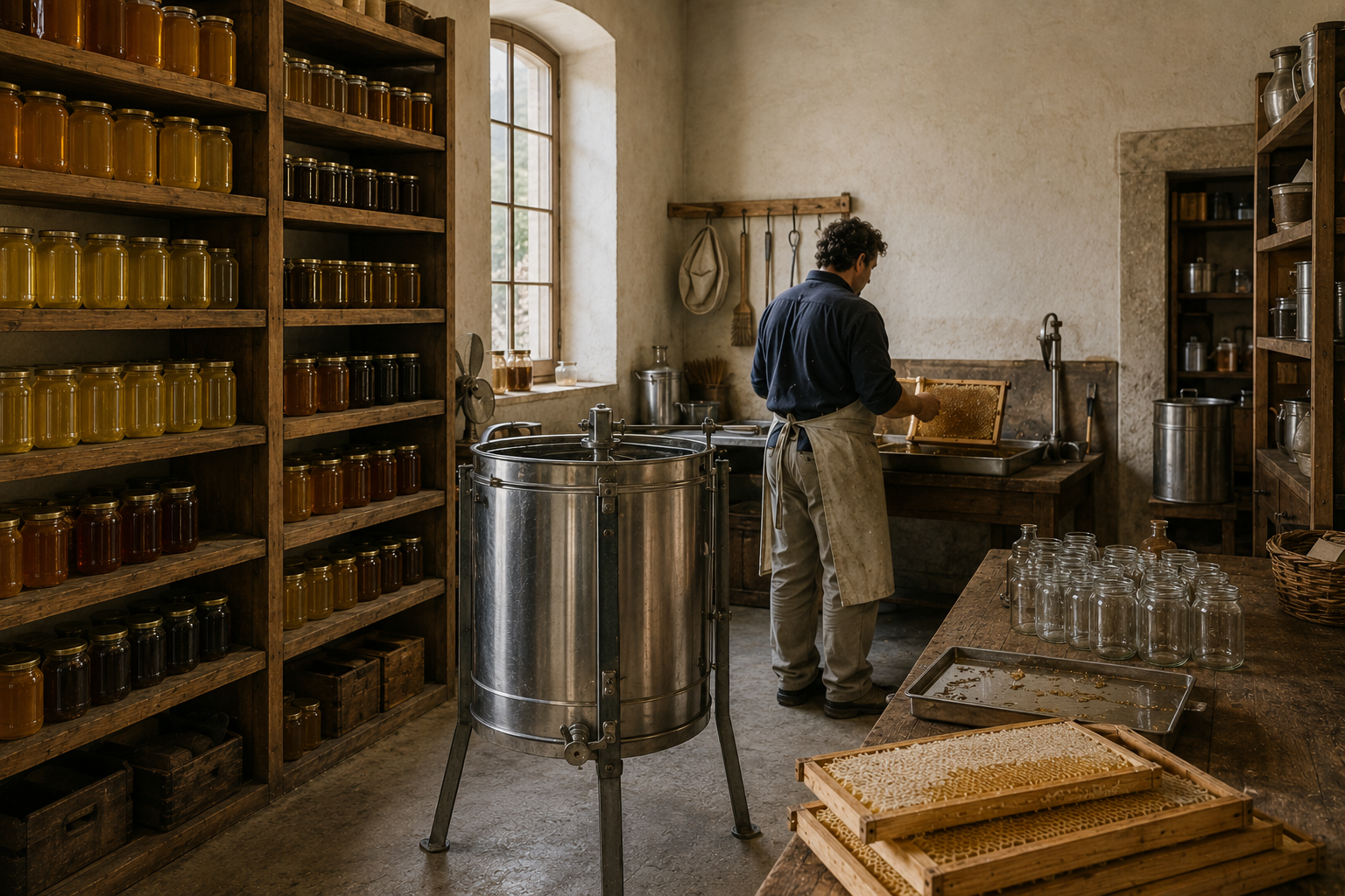 Uno smielatore d'acciaio al centro del laboratorio; a parete scaffali di vasetti di miele di tonalità diverse e un uomo che lavora un favo alla finestra.