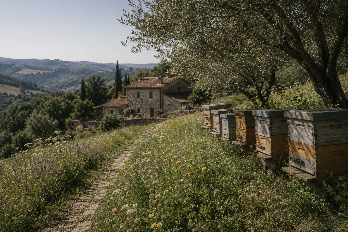 Una fila di arnie colorate segue un sentiero erboso in collina fra i fiori di campo; sullo sfondo un casale di pietra e un olivo in primo piano.