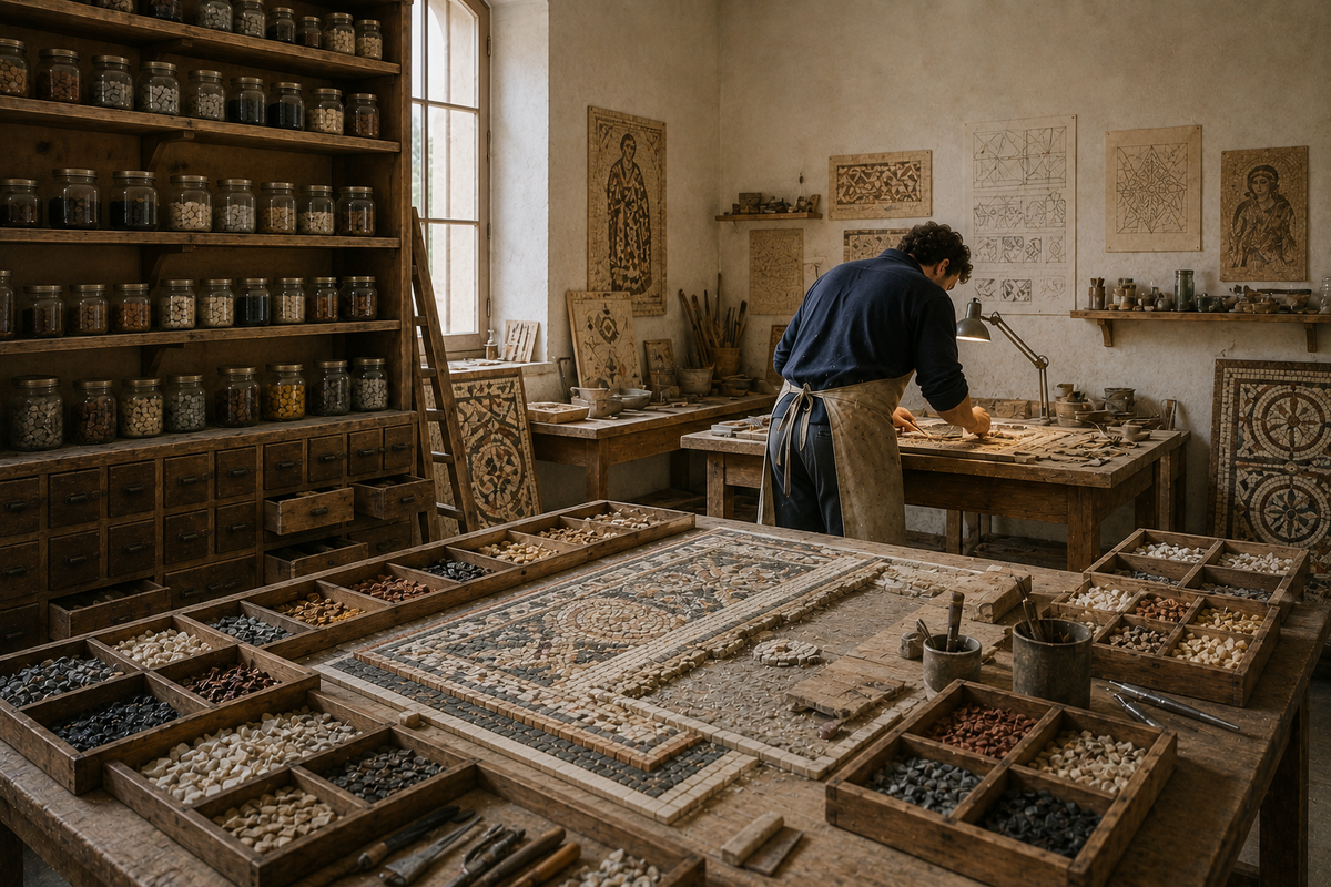 Un mosaicista lavora al banco sotto la lampada; davanti a lui un grande pannello in corso e scaffali di barattoli di tessere.