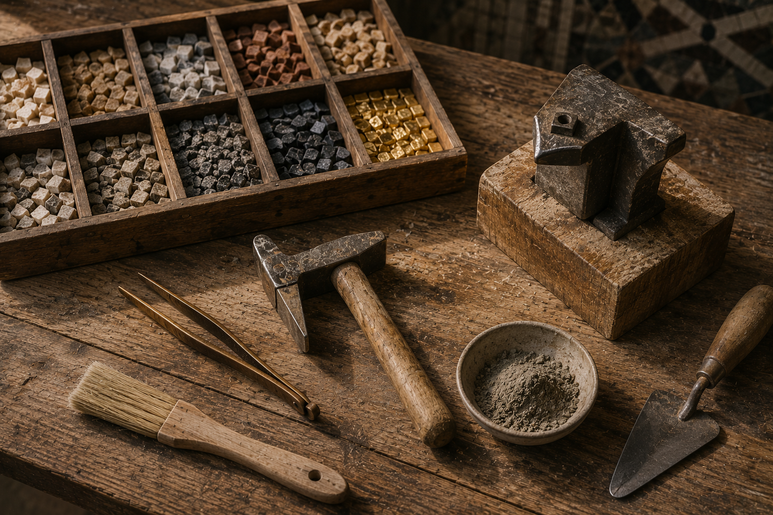 Martellina e tagliolo su un ceppo di legno accanto a un cassetto di tessere colorate, a una ciotola di stucco e a un pennello.