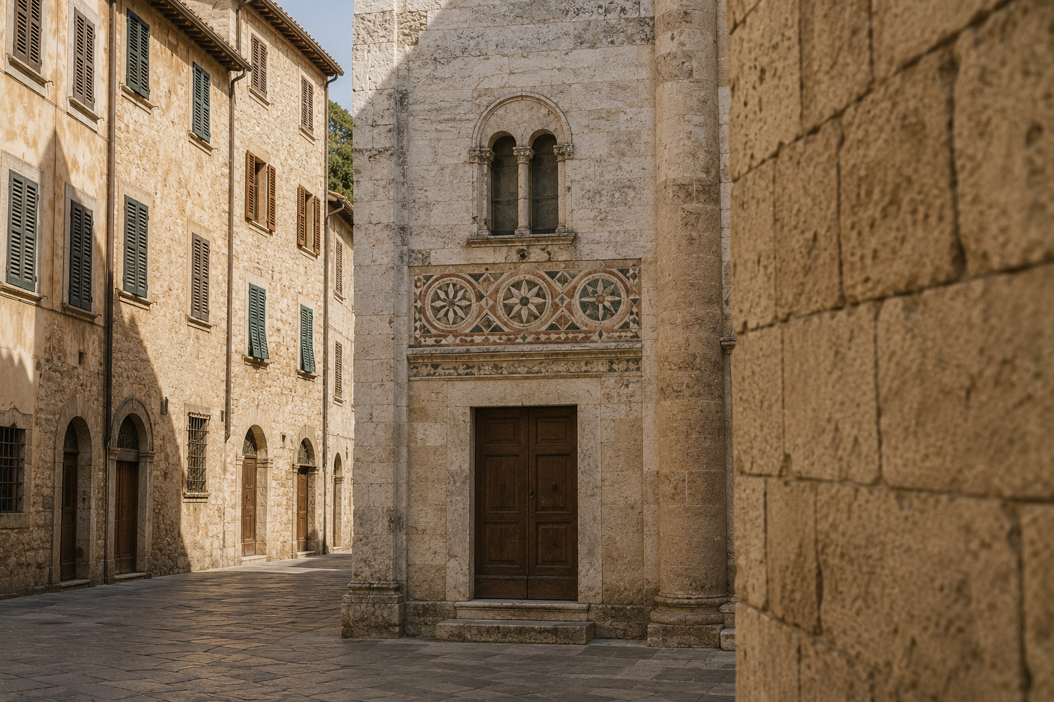 Piazzetta di pietra con la facciata di una chiesa romanica decorata da rosoni e fasce geometriche in tarsia di marmo.