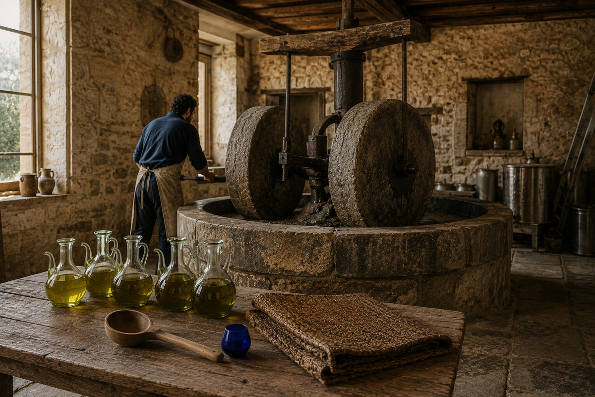 In un frantoio di pietra un uomo in grembiule lavora alle macine; sul tavolo davanti ampolle di olio verde-oro, un mestolo e un fiscolo piegato.