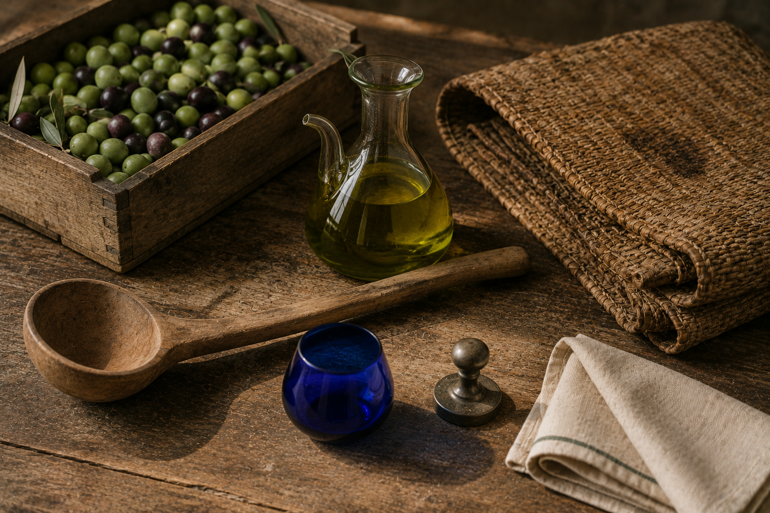Una cassetta di olive verdi e nere con le foglie, una caraffa di olio, un mestolo di legno, un bicchierino blu da assaggio e fiscoli di fibra piegati.
