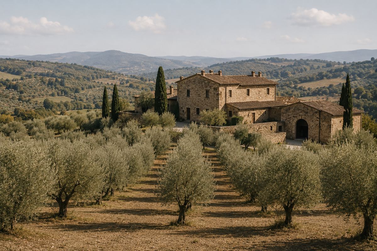 Filari di olivi salgono lungo la collina fino a un casale di pietra con i cipressi; dietro si aprono colline boscose fino all'orizzonte.
