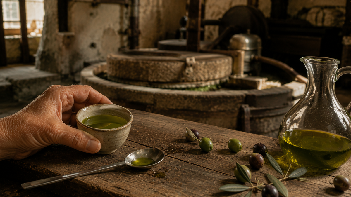 Una mano regge una coppetta di olio verde sul tavolo; accanto un cucchiaio, alcune olive e una caraffa di vetro davanti alle macine del frantoio.