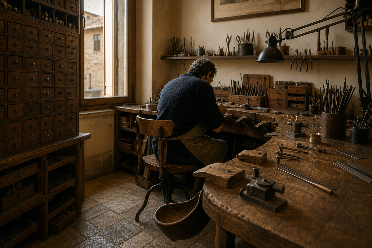 Un artigiano seduto di spalle al banchetto lavora accanto alla finestra, fra una cassettiera di legno e pareti di utensili appesi.