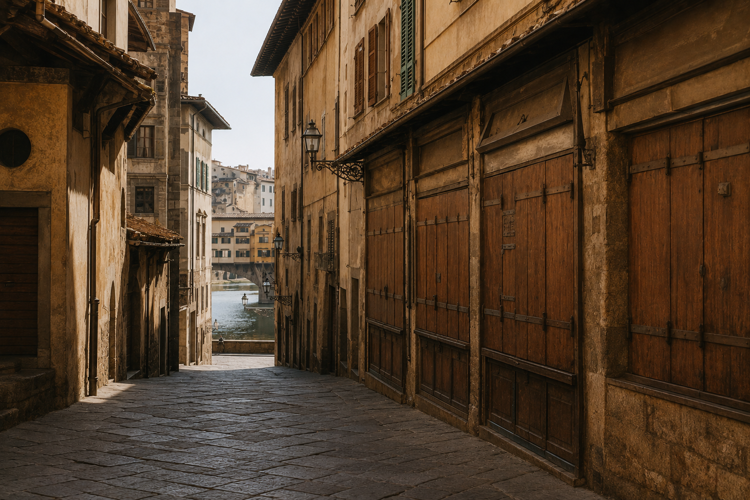 Un vicolo lastricato fra botteghe dai portoni di legno chiusi, in fondo il fiume e le case sospese sopra le arcate di un ponte.