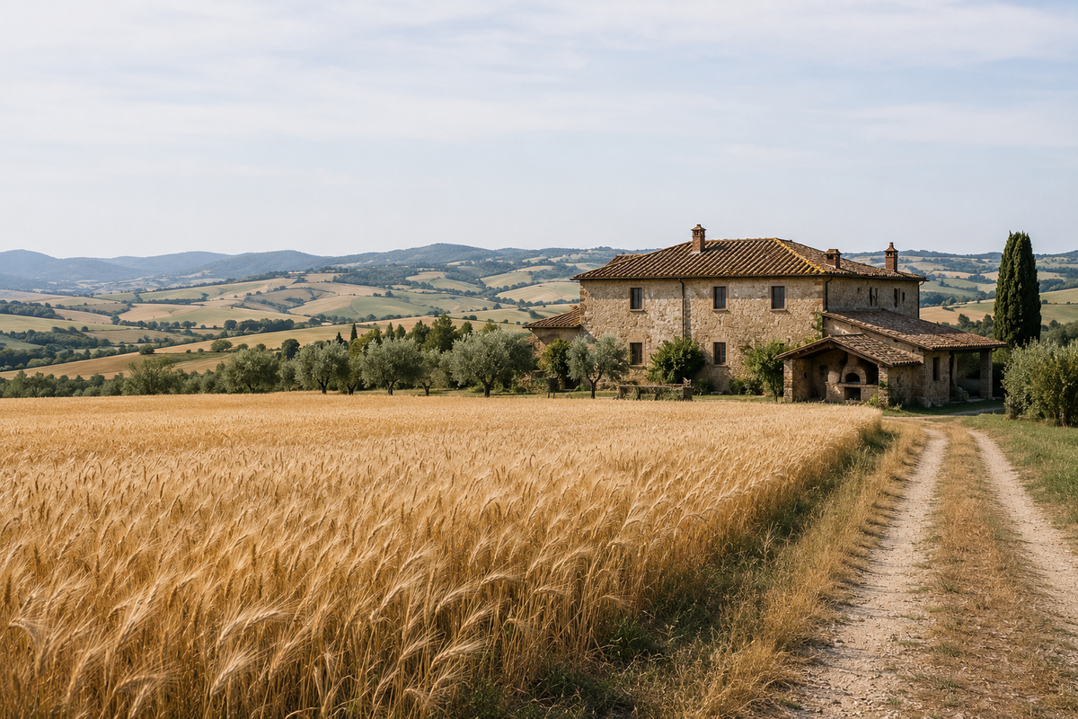 Un campo di grano maturo costeggia una strada bianca che porta a un casale di pietra con il cipresso; intorno olivi e colline coltivate.