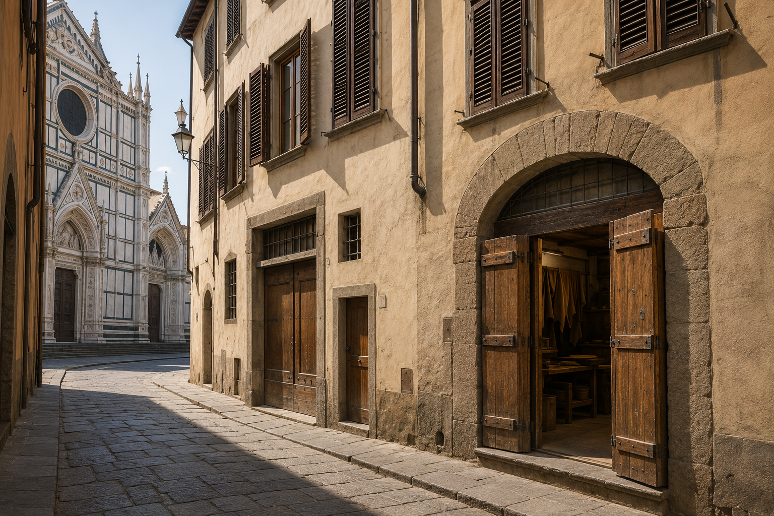 Un portone aperto lascia intravedere una bottega di pelli; in fondo al vicolo la facciata a marmi bianchi e verdi di una chiesa.