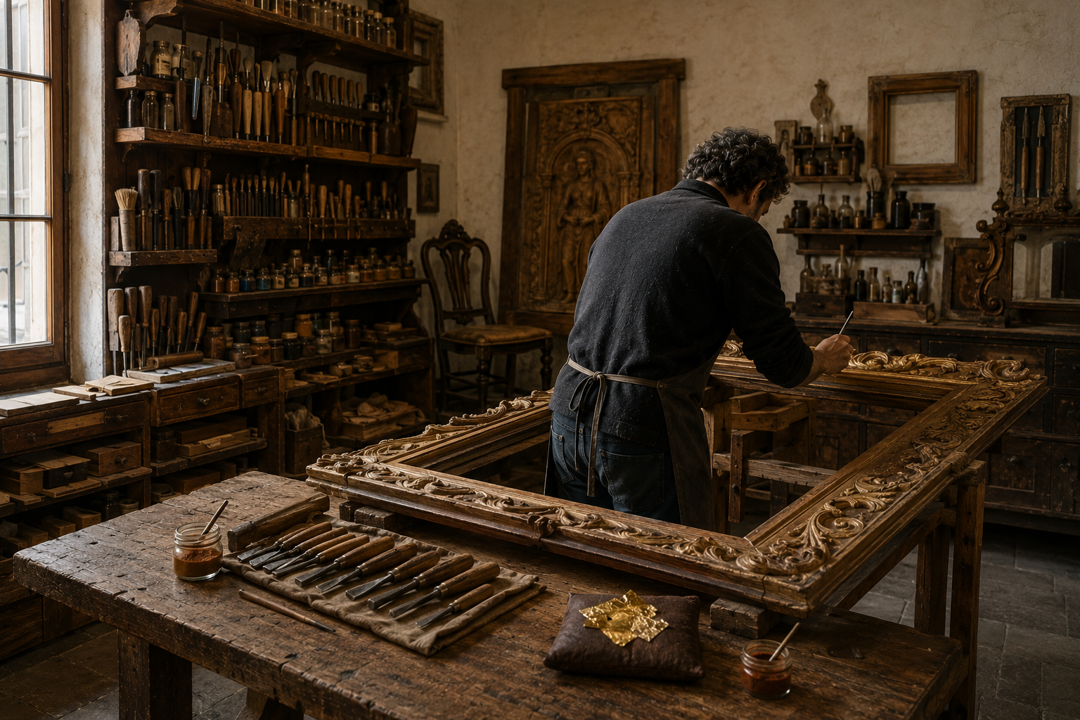 In bottega un uomo lavora al banco tra scaffali di pennelli e boccette; in primo piano una grande cornice intagliata e dorata.