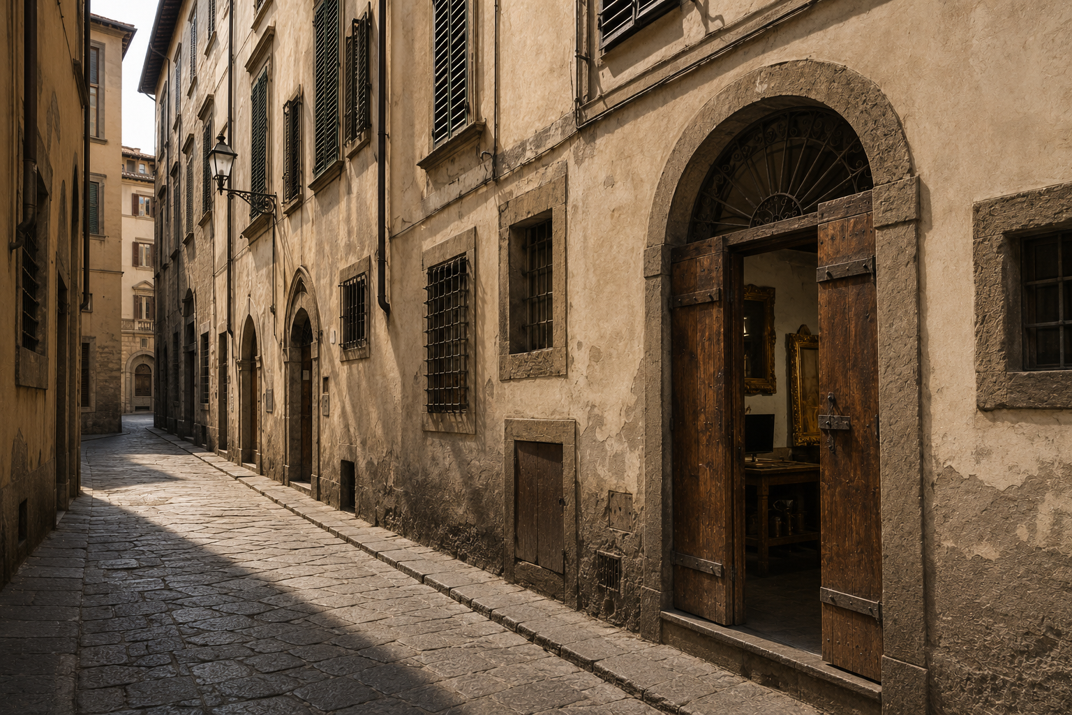 Vicolo stretto tra palazzi di pietra: da un portone socchiuso si intravede una bottega illuminata con una cornice dorata.