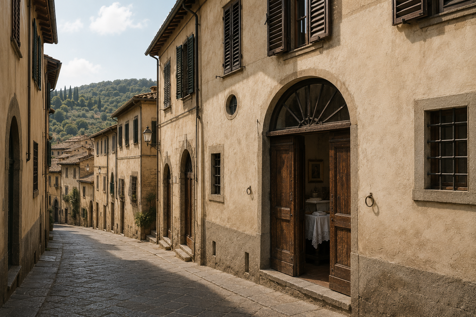 Vicolo di un borgo in salita: da una porta aperta si vede un tavolo con una tovaglia ricamata, colline con cipressi sul fondo.