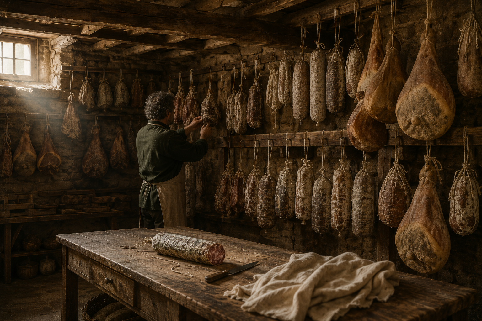 In una stanza di stagionatura un uomo in grembiule sistema un salame appeso; alle pareti file di insaccati e prosciutti, sul tavolo un salame intero.