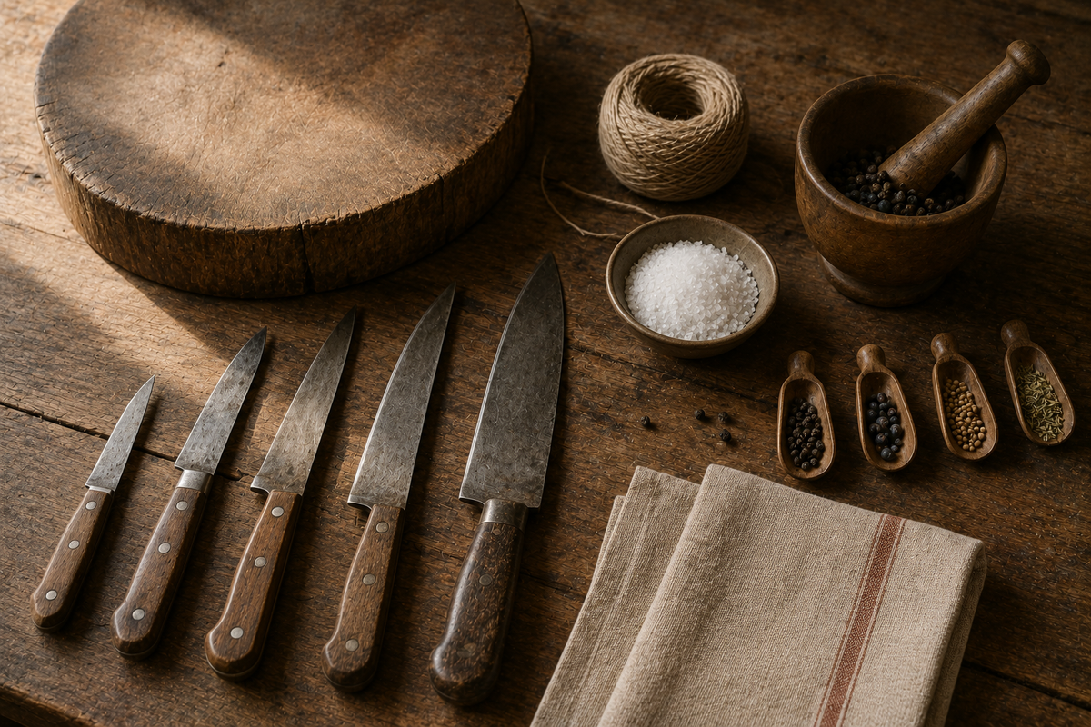 Un tagliere tondo, cinque coltelli col manico di legno, un gomitolo di spago, un mortaio col pepe, sale grosso, palette di spezie e un canovaccio.