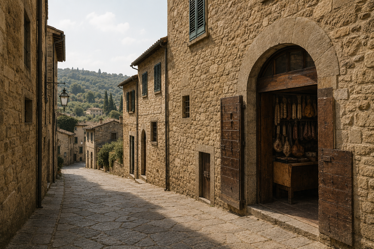 Una strada lastricata scorre fra case di pietra; sulla destra una bottega aperta con i salumi appesi dentro, in fondo le colline boscose.