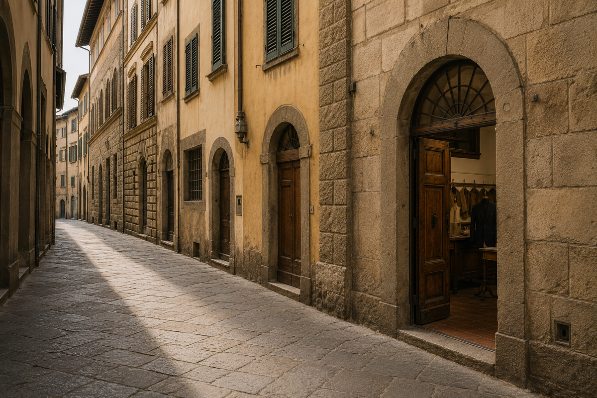 Strada lastricata tra palazzi di pietra: da un portone ad arco si vede una sartoria con gli abiti appesi alle grucce.