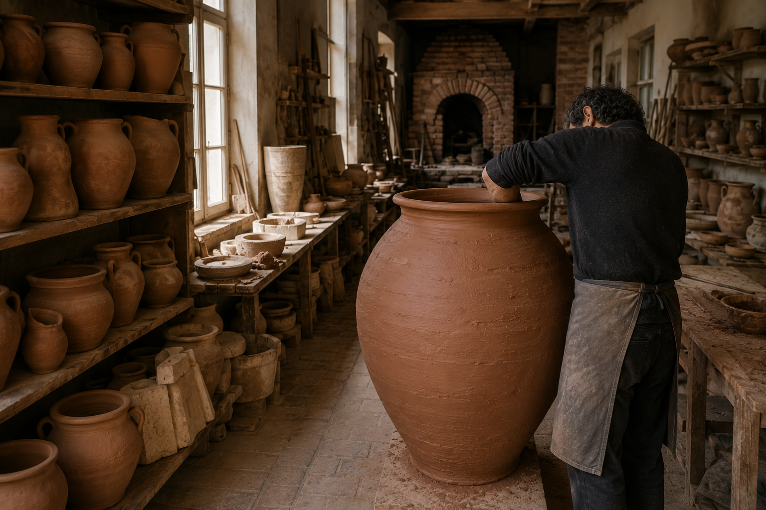 Un artigiano lavora il bordo di un grande orcio, fra scaffali carichi di vasi di terracotta e il forno ad arco sul fondo.