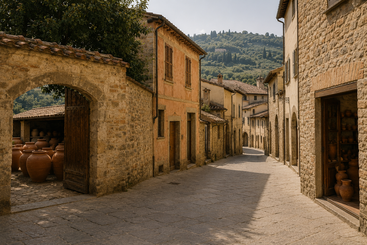 Orci di terracotta allineati sotto una tettoia e davanti ai portoni di una strada di paese in pietra, con le colline sul fondo.