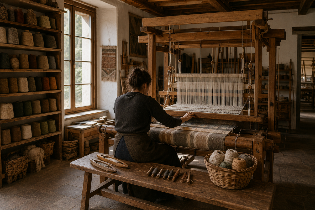 Una donna tesse a un grande telaio di legno una stoffa a righe, davanti a scaffali di coni di filato ordinati per colore.