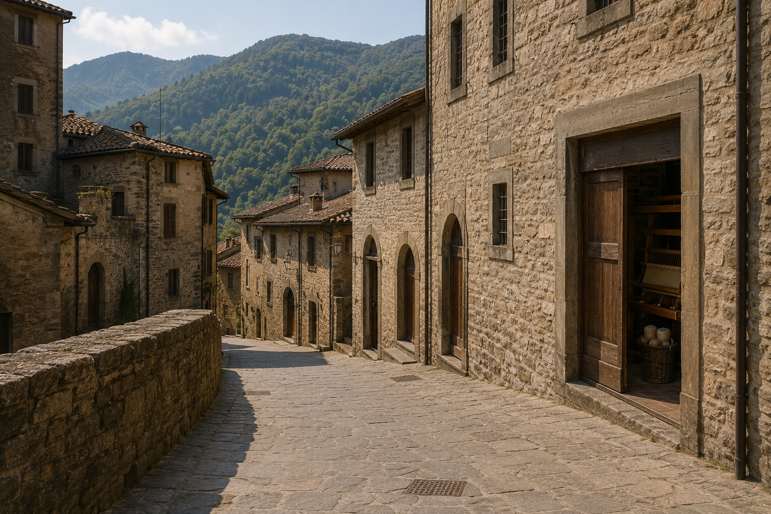 Strada acciottolata di un borgo di pietra: da una porta aperta si vedono un telaio e un cesto di filati, monti boscosi in fondo.