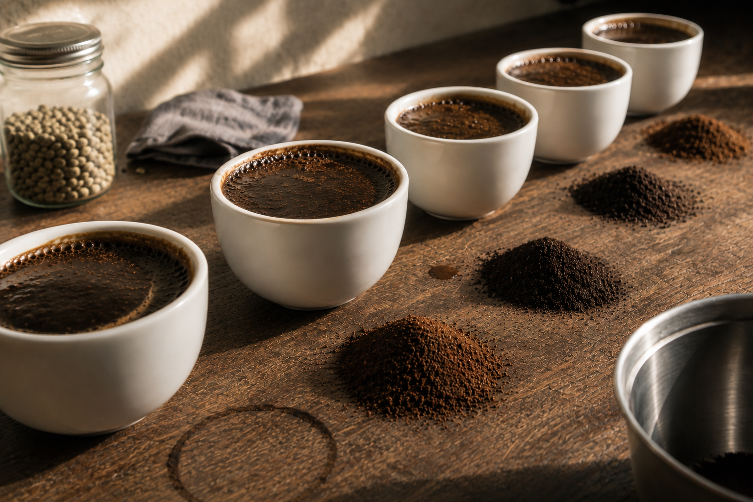 Una fila di tazze bianche di caffè in infusione su un tavolo di legno, con mucchietti di macinato e un vaso di chicchi verdi accanto.