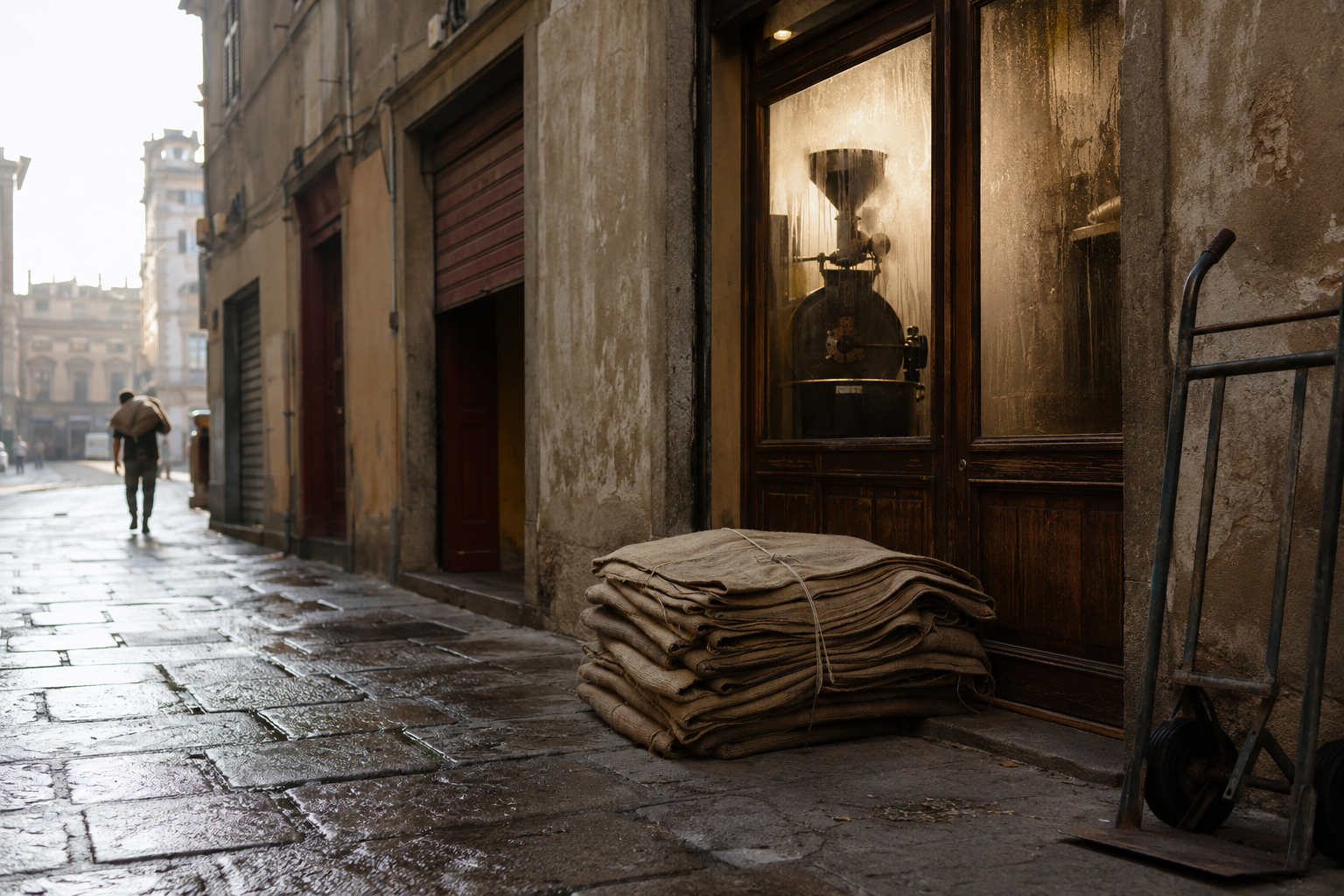 Sacchi di iuta legati con lo spago accanto a una porta in una via lastricata bagnata; nella vetrina illuminata si vede una vecchia tostatrice.