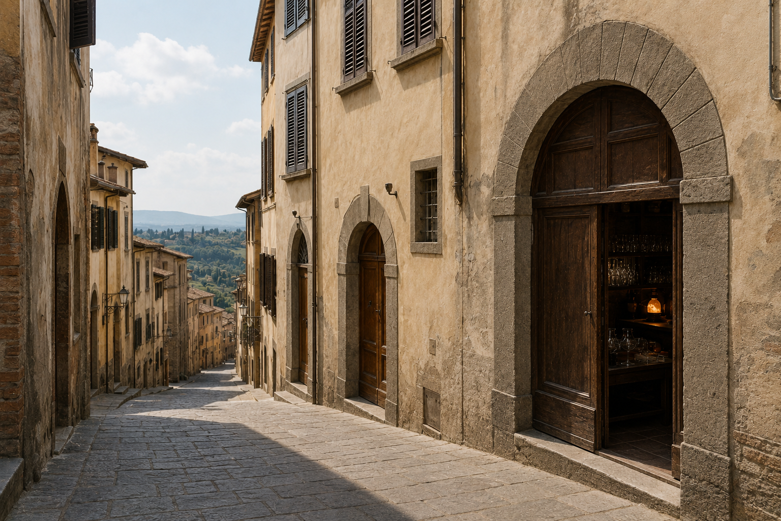 Dal portone aperto di una bottega si intravedono vetri illuminati e un forno acceso; il vicolo scende verso le colline.