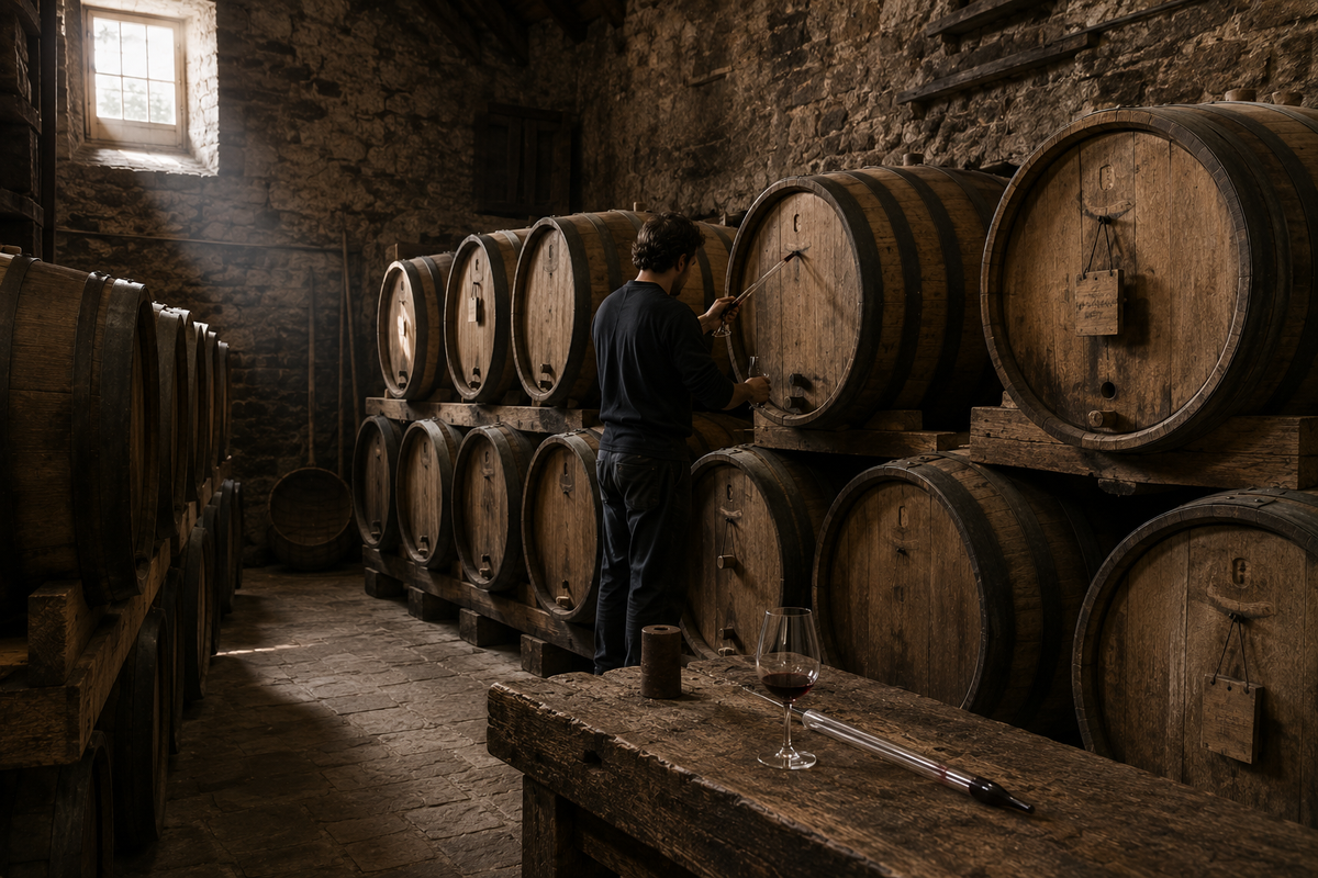 In cantina un uomo preleva il vino dalla botte con una pipetta; le botti di rovere sono impilate su rastrelliere di legno sotto una finestrella.