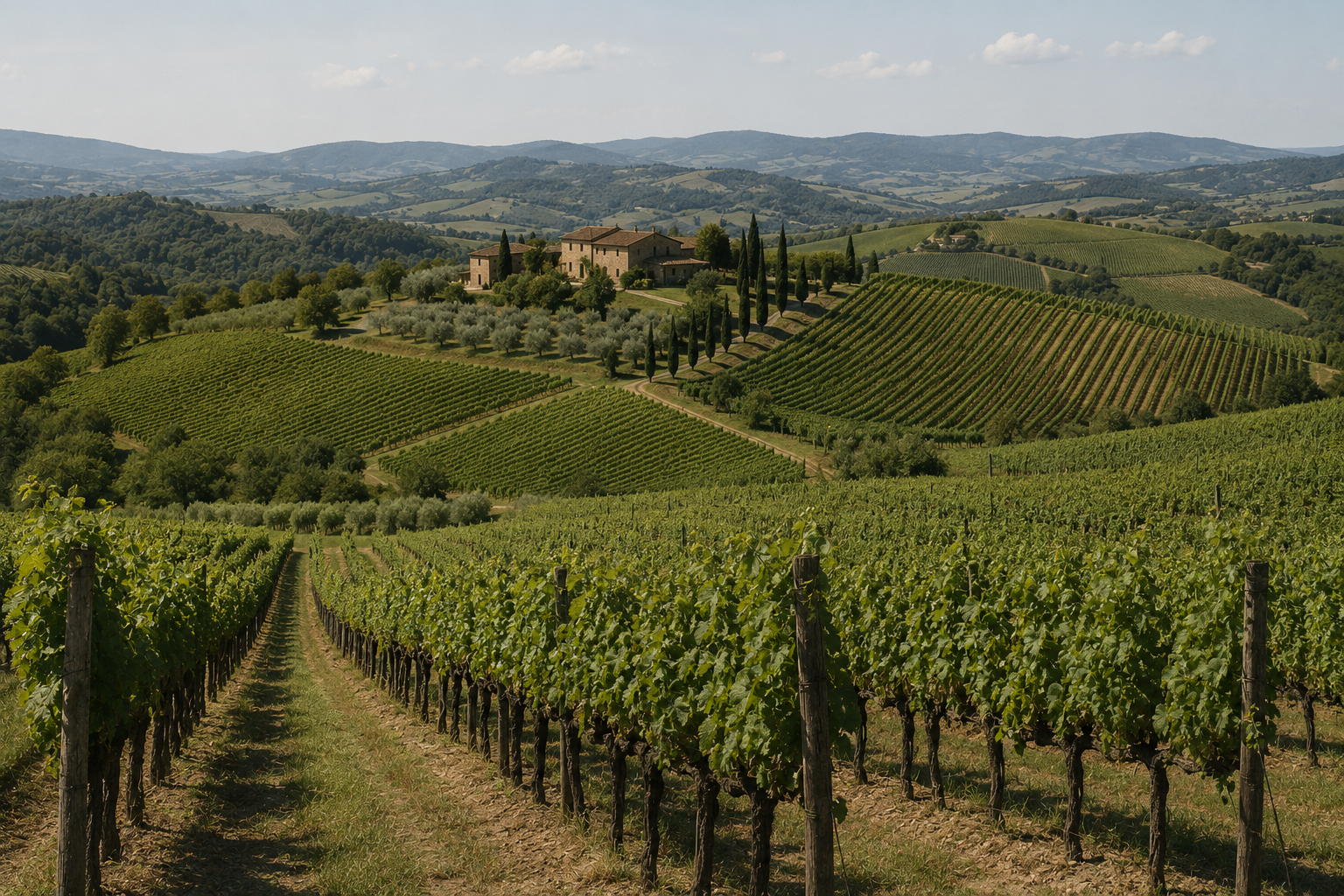 Filari di vite coprono le colline fino a un casale di pietra con il viale di cipressi; più in là olivi e rilievi boscosi fino all'orizzonte.