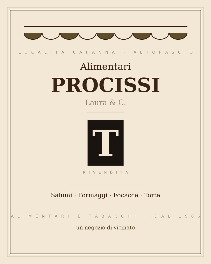 Insegna disegnata di Alimentari Procissi: il nome, la T della rivendita di sali e tabacchi, località Capanna ad Altopascio