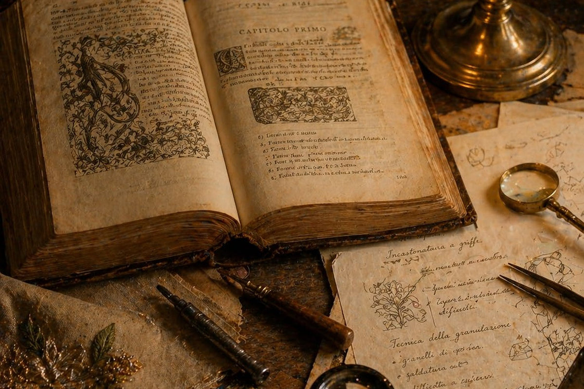 Un libro antico aperto su una pagina miniata, accanto a fogli di appunti e a una lente