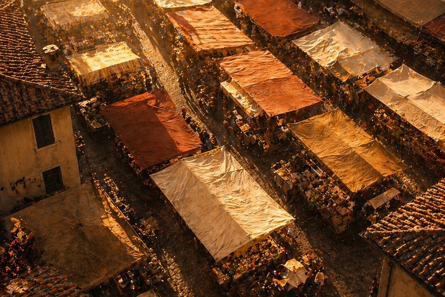 Le tende di un mercato viste dall'alto fra i tetti, illuminate dal sole del mattino