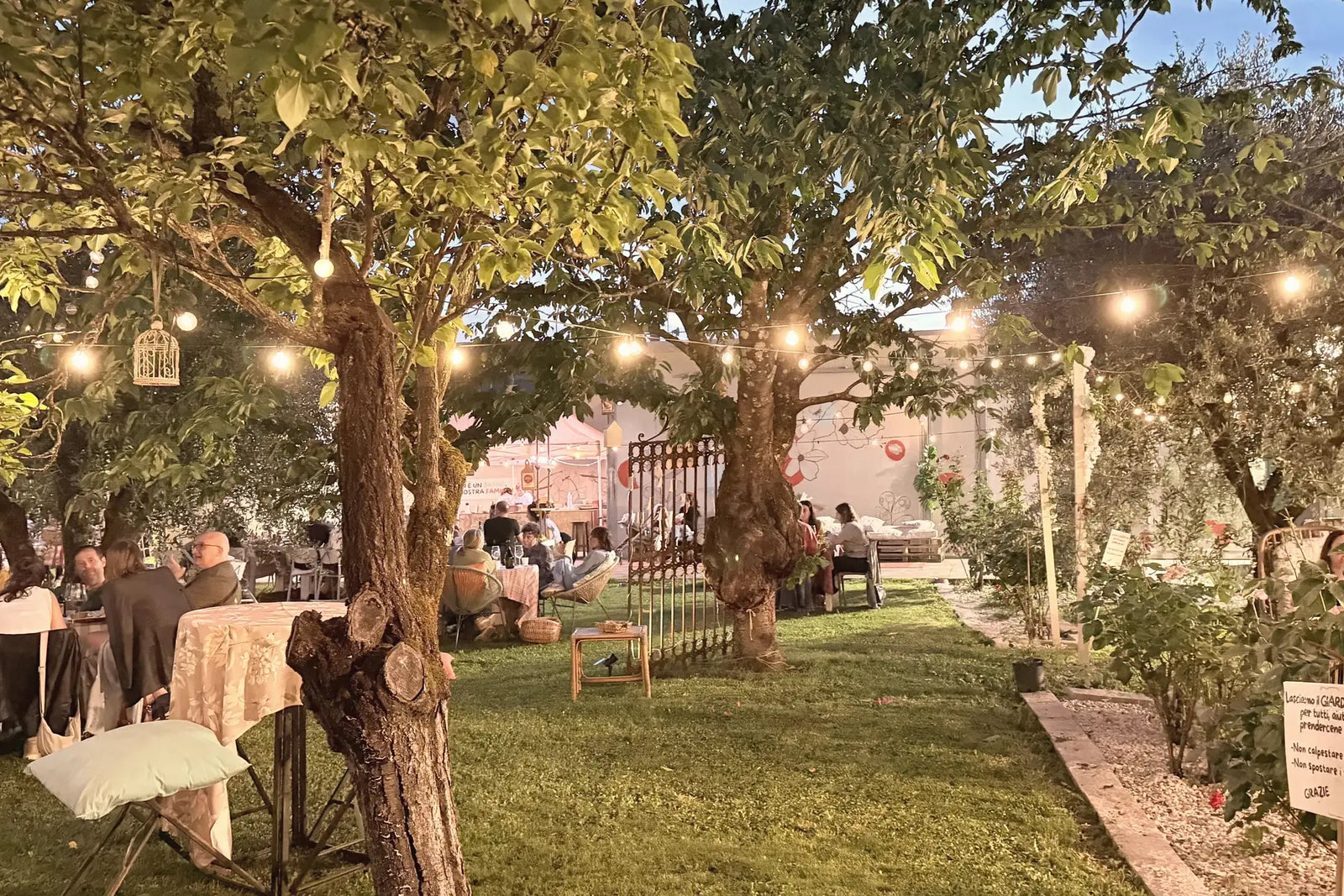 Una lunga tavolata allestita fra gli ulivi del Giardino di Famiglia