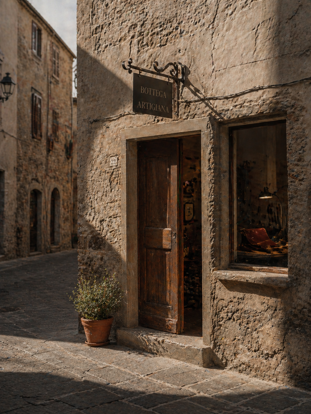 La porta aperta di una bottega artigiana in un vicolo di pietra, con l'insegna in ferro battuto, la vetrina e un vaso di terracotta accanto.