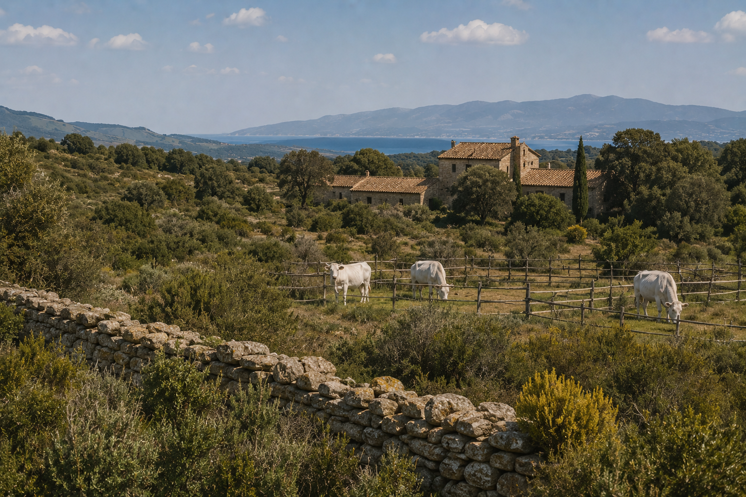 Bovini bianchi al pascolo in un recinto fra macchia e lecci, con un casale in pietra e, all'orizzonte, il mare e i rilievi.