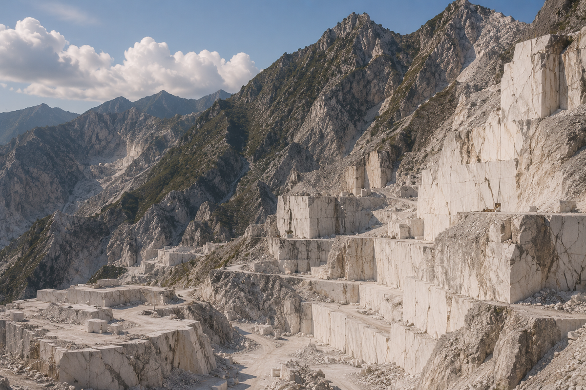 Gradoni di marmo bianco tagliati nel fianco della montagna, con blocchi squadrati e detriti che scendono verso il fondo della cava.