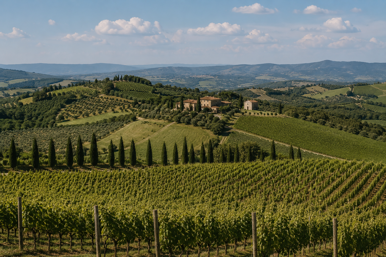 Filari di vigna in primo piano e, oltre una fila di cipressi, un poggio con casale e oliveti fra colline verdi a perdita d'occhio.