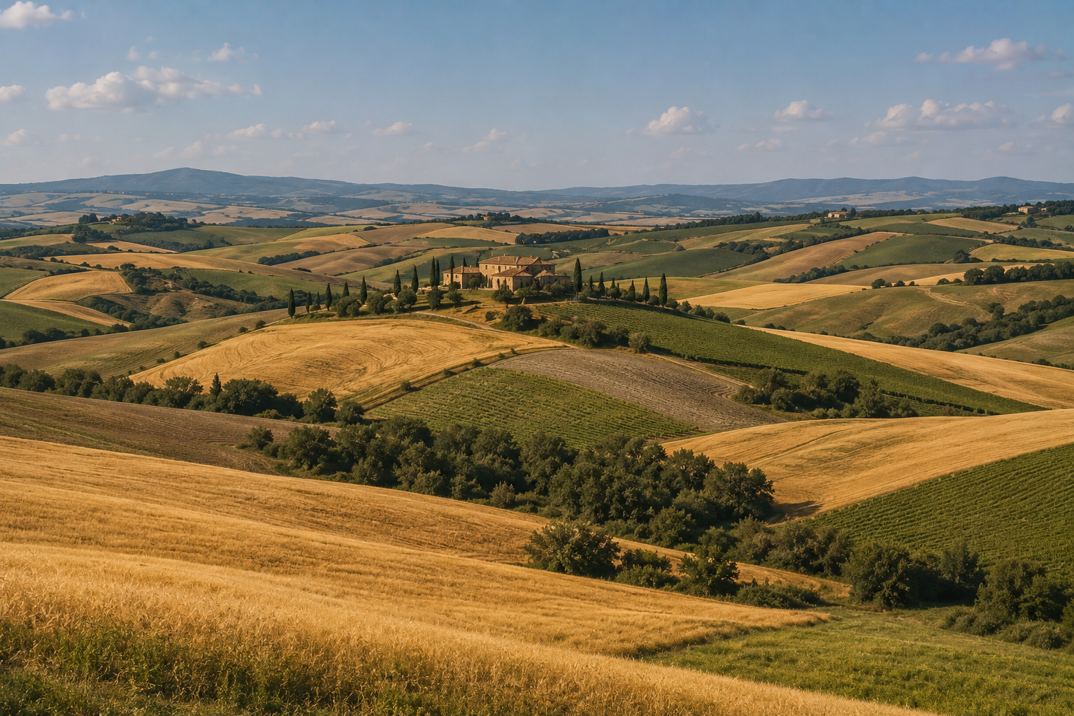 Colline ondulate a strisce di grano mietuto e prato verde, con cipressi e un casale sul crinale che si perdono verso l'orizzonte.