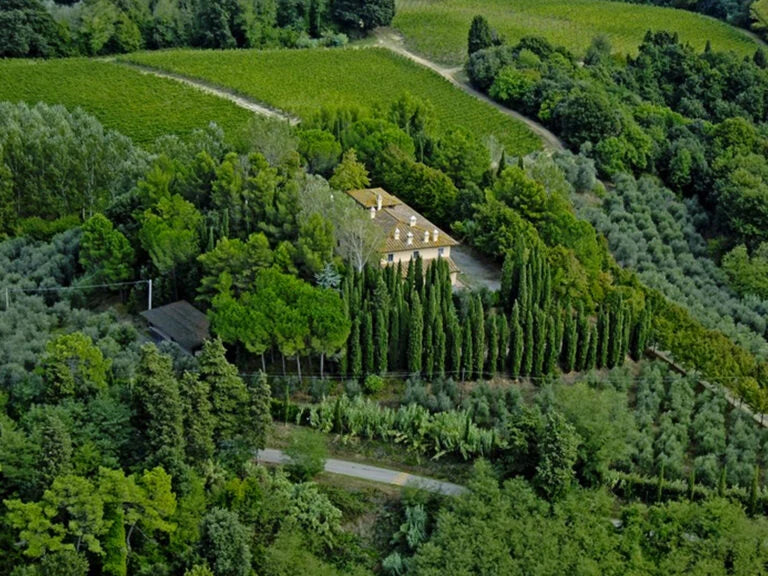Veduta aerea della tenuta fra cipressi, oliveti e vigneti